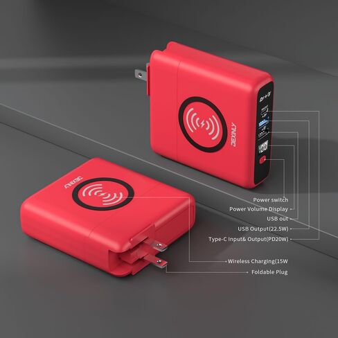 شاحن باور بانك لاسلكي محمول، 10000 مللي أمبير 3 في 1، PD20W USB-C، QC3.0 USB-A شاحن جداري سريع الشحن، بطارية خارجية لشاحن السفر بقابس تيار متردد لهواتف iPhone، iPad، Android (أسود) in Saudi Arabia