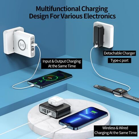 شاحن باور بانك لاسلكي محمول، 10000 مللي أمبير 3 في 1، PD20W USB-C، QC3.0 USB-A شاحن جداري سريع الشحن، بطارية خارجية لشاحن السفر بقابس تيار متردد لهواتف iPhone، iPad، Android (أسود) in Saudi Arabia