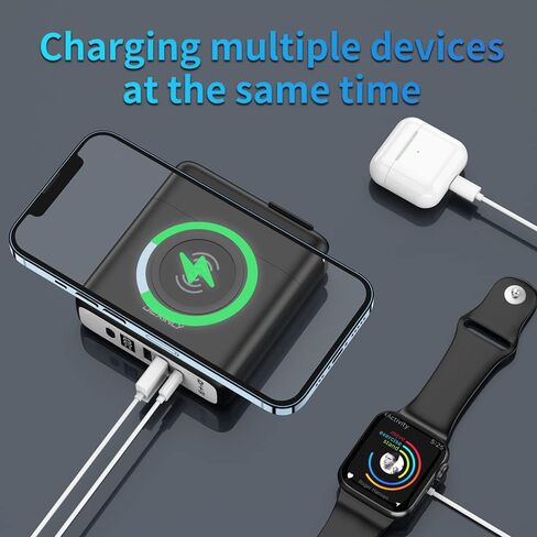 شاحن باور بانك لاسلكي محمول، 10000 مللي أمبير 3 في 1، PD20W USB-C، QC3.0 USB-A شاحن جداري سريع الشحن، بطارية خارجية لشاحن السفر بقابس تيار متردد لهواتف iPhone، iPad، Android (أسود) in Saudi Arabia