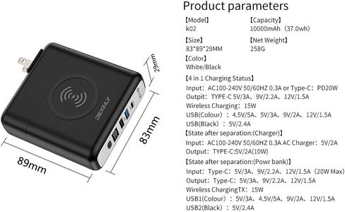 شاحن باور بانك لاسلكي محمول، 10000 مللي أمبير 3 في 1، PD20W USB-C، QC3.0 USB-A شاحن جداري سريع الشحن، بطارية خارجية لشاحن السفر بقابس تيار متردد لهواتف iPhone، iPad، Android (أسود) in Saudi Arabia