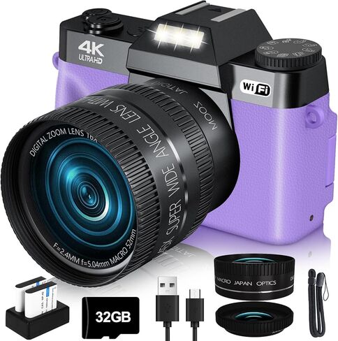 2024 ترقية كاميرا VJIANGER الرقمية للتصوير الفوتوغرافي بدقة 4K بدقة 48 ميجابكسل لليوتيوب مع شبكة WiFi، وشاشة قلاب 180 درجة، وتكبير رقمي 16X، وعدسة 52 مم، وبطاريتين، وبطاقة TF سعة 32 جيجابايت (W02-Purple35) in Kuwait