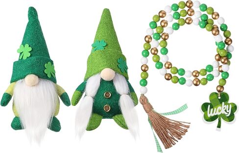 زينة يوم Chuangdi St Patricks Day قطعتان من إكليل عيد القديس باتريك جنوم القطيفة الأيرلندية على شكل قزم سويدي Tomte Leprechaun وقطعة واحدة من الخرز الخشبي لعيد القديس باتريك مع قلادة مزرعة شامروك خشبية خضراء in Saudi Arabia