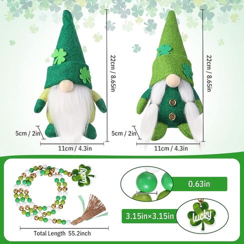 زينة يوم Chuangdi St Patricks Day قطعتان من إكليل عيد القديس باتريك جنوم القطيفة الأيرلندية على شكل قزم سويدي Tomte Leprechaun وقطعة واحدة من الخرز الخشبي لعيد القديس باتريك مع قلادة مزرعة شامروك خشبية خضراء in Saudi Arabia