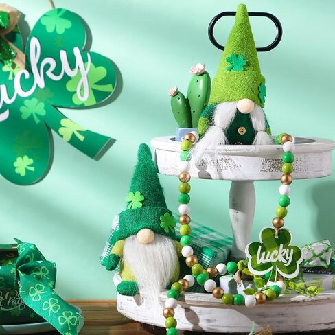 زينة يوم Chuangdi St Patricks Day قطعتان من إكليل عيد القديس باتريك جنوم القطيفة الأيرلندية على شكل قزم سويدي Tomte Leprechaun وقطعة واحدة من الخرز الخشبي لعيد القديس باتريك مع قلادة مزرعة شامروك خشبية خضراء in Saudi Arabia