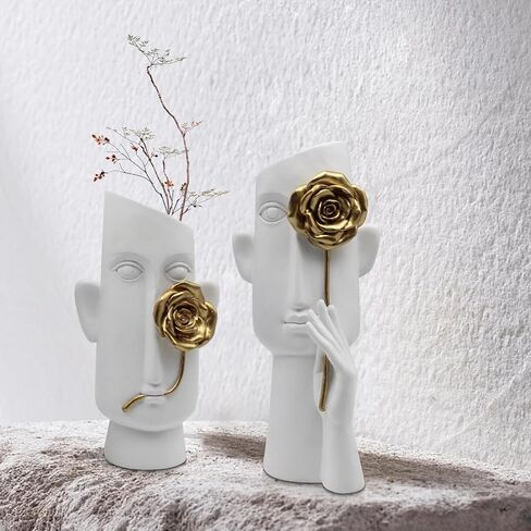 AOC 2 PCS Black People Face Statue, Black Statue and Gold Flower Living Room Decor,People Head Figurine for Home Decor(Black) in Saudi Arabia