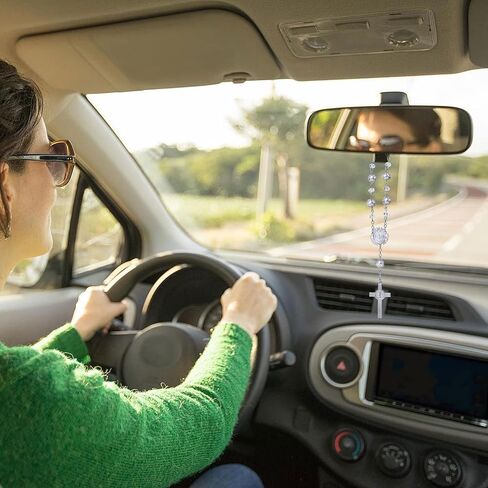 مسبحة للسيارة من قطعتين من PAGOW للمرآة، إكسسوارات معلقة لمرآة السيارة اللامعة للنساء، قلادة مرآة للسيارة بمباركة الصليب الكاثوليكية وميدالية مرآة الرؤية الخلفية للسيارات in Saudi Arabia