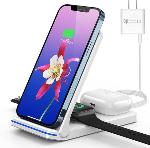 شاحن لاسلكي قابل للطي، قاعدة شحن لاسلكية سريعة 3 في 1 بقدرة 18 وات، مناسب لسلسلة iPhone 14/13/12/11/XR/X/Xs/8 Plus، حامل/حامل شحن لـ iWatch SE/AirPods 2/Pro (أبيض) in Saudi Arabia