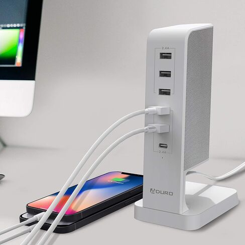 محطة شحن Aduro USB لأجهزة متعددة [PowerUp Flair] شاحن سريع لسطح المكتب بـ 6 منافذ USB لأجهزة iPhone iPad والأجهزة اللوحية والهواتف الذكية أبيض/وردي in Kuwait