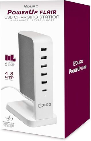 محطة شحن Aduro USB لأجهزة متعددة [PowerUp Flair] شاحن سريع لسطح المكتب بـ 6 منافذ USB لأجهزة iPhone iPad والأجهزة اللوحية والهواتف الذكية أبيض/وردي in Kuwait