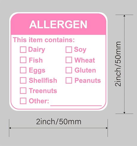 Allergen Warning Stickers,MeshaKippa 2x2" 300pcs Square Pink Food Allergy Label for The Party,Restaurants in Kuwait