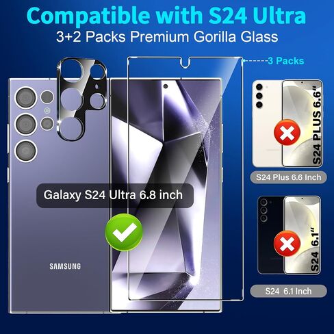 [عبوة من 3+2] واقي شاشة Samsung Galaxy S24 Ultra، زجاج مقسى 9H، مجموعة محاذاة تلقائية، دعم بصمات الأصابع بالموجات فوق الصوتية، جراب مناسب لهاتف Samsung S24 Ultra Glass Screen Protector 5G in Saudi Arabia