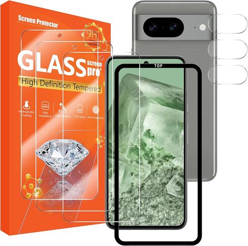 [3+3 عبوات] لواقي شاشة Google Pixel 8 3 عبوات + واقي عدسة الكاميرا 3 عبوات، واقي شاشة من الزجاج المقسى [مع إطار سهل التركيب] [صلابة 9H] [مضاد للخدش] [فقاعة in Kuwait