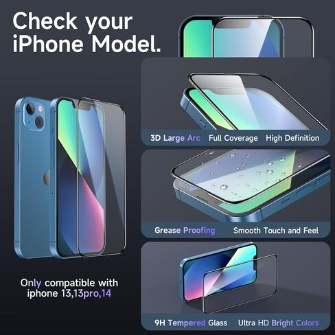 قطعتان من واقي الشاشة 14 متوافق مع iPhone 14 [6.1 بوصة] زجاج مقسى 5D، صلابة سطح 9H، مقاوم للكسر، بدون فقاعات، شفاف وغير مسبب للدوار in Kuwait