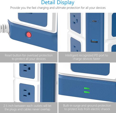 PD 20W USB C Power Strip with Wireless Charger BESTEK 8-Outlet Surge Protector and 30W 3-Port USB Charging Dock Station,4000 Joules,ETL Listed,Dorm Room Accessories (8AC+3USB+Wireless Charger-Blue) in Kuwait