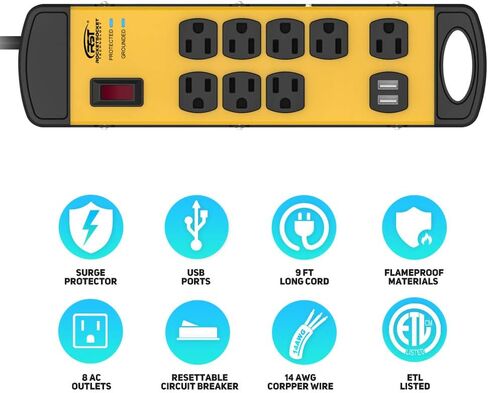 شريط طاقة مع USB، شريط طاقة معدني CRST شديد التحمل 15 أمبير، سلك طويل 9 أقدام 1800 جول للمنزل، المطبخ، المكتب، المدرسة، ETL مدرج (8 منافذ 2 USB، أصفر أسود) in Kuwait