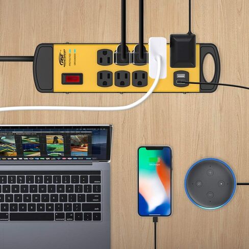 شريط طاقة مع USB، شريط طاقة معدني CRST شديد التحمل 15 أمبير، سلك طويل 9 أقدام 1800 جول للمنزل، المطبخ، المكتب، المدرسة، ETL مدرج (8 منافذ 2 USB، أصفر أسود) in Kuwait