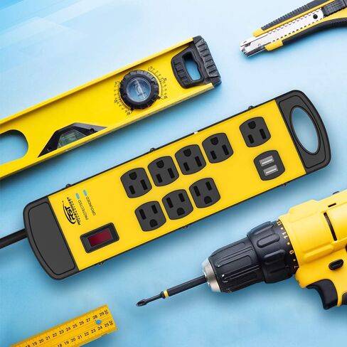 شريط طاقة مع USB، شريط طاقة معدني CRST شديد التحمل 15 أمبير، سلك طويل 9 أقدام 1800 جول للمنزل، المطبخ، المكتب، المدرسة، ETL مدرج (8 منافذ 2 USB، أصفر أسود) in Kuwait