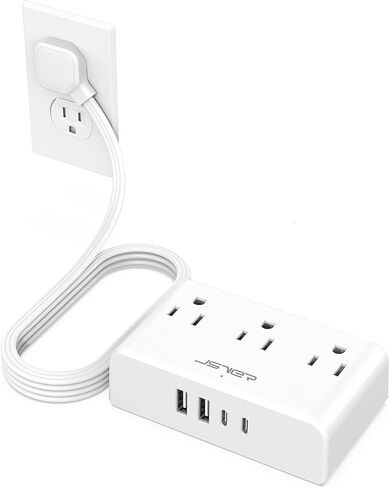 شريط طاقة مع منافذ USB، شريط طاقة JSVER مع 5 منافذ تيار متردد، ومنفذين USB-A ومنفذين USB-C، وسلك تمديد قابس مسطح بطول 5 أقدام مع منافذ، وشريط طاقة للسفر والنوم والمكتب المنزلي in Kuwait