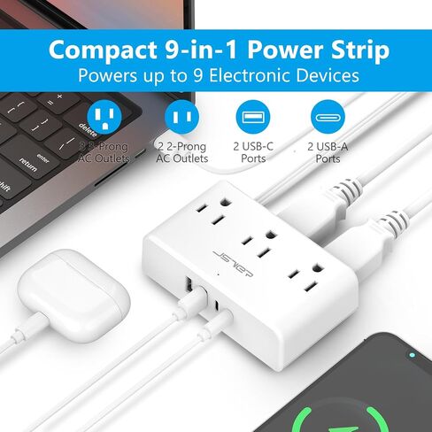 شريط طاقة مع منافذ USB، شريط طاقة JSVER مع 5 منافذ تيار متردد، ومنفذين USB-A ومنفذين USB-C، وسلك تمديد قابس مسطح بطول 5 أقدام مع منافذ، وشريط طاقة للسفر والنوم والمكتب المنزلي in Kuwait