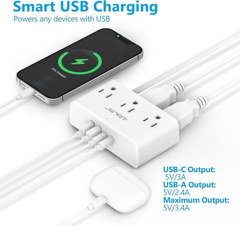شريط طاقة مع منافذ USB، شريط طاقة JSVER مع 5 منافذ تيار متردد، ومنفذين USB-A ومنفذين USB-C، وسلك تمديد قابس مسطح بطول 5 أقدام مع منافذ، وشريط طاقة للسفر والنوم والمكتب المنزلي in Kuwait