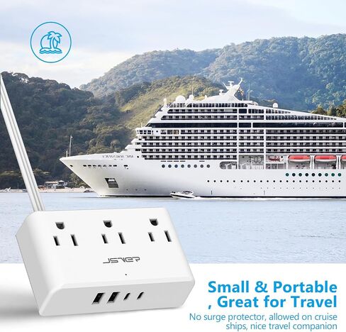 شريط طاقة مع منافذ USB، شريط طاقة JSVER مع 5 منافذ تيار متردد، ومنفذين USB-A ومنفذين USB-C، وسلك تمديد قابس مسطح بطول 5 أقدام مع منافذ، وشريط طاقة للسفر والنوم والمكتب المنزلي in Kuwait