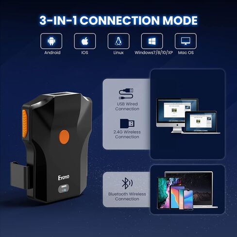 Eyoyo 1D بلوتوث ماسح الباركود اللاسلكي، مشبك خلفي للهاتف UPC USB قارئ الرمز الشريطي مع مؤشر مستوى البطارية متوافق مع هاتف Android 4.7 بوصة - 7.2 بوصة، iPhone لمخزون مكتبة الكتب في المستودعات in Saudi Arabia