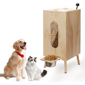 Wooden Dog Feeding Station with Elevated Bowls, Pull Lever Pet Food Storage Cabinet, Dry Kibble Dispenser for Small/Medium/Large Breeds, Stylish & Functional Pet Furniture