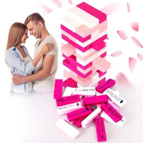 54pcs شهوة Towering Tower Game Day Valentine ، لعبة Wood Block لعبة للتاريخ المرح أنشطة ليلية عشاق الأزواج ، 48 Pack Pink & Red & White مع 6 كتل DIY فارغة