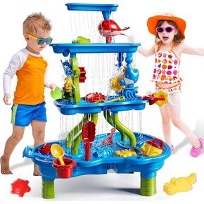 4-Tier Sand Water Table for Toddlers Kids 3 4 5 6 7 8 Year Old, Waterfall Pond Summer Outdoor Sand Beach Toys for Toddlers 3-5, Sensory Activity Fun Water Play Birthday Gifts for Boys Girls