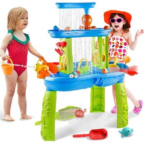 YAZ&OUZ 3-Tier Kids Water Table, Water Table for Toddlers 3, Water Tables for Toddlers 3 Features Swimming Crabs & Dolphins, Rain Showers Splash Pond, Activity Sensory Play Table for Boys Girls