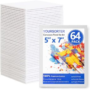 Canvas Boards for Painting 64 Pack Bulk, 5x7 Inch Small Painting Canvases, Mini Canvas Panels Gesso Primed 100% Cotton for Acrylic Oil Watercolor Tempera, Ideal for All Skill Level
