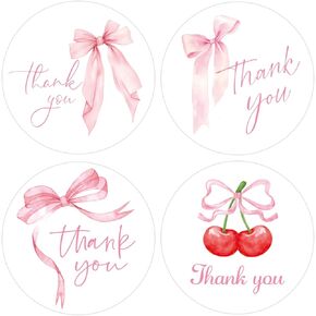 400pcs 2 Inch Pink Bow Thank You Stickers,4 Styles Coquette Thank You Stickers for Baby Girl Shower,Cute Pink Bow Sticker for Envelope,Small Business, Birthday Party Supplies
