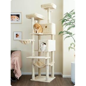 Ouritsu Cat Tree, 73.6 inch Tall Cat Climbing Tower for Large Cat Indoor with 2 Large Condos, 2 Widened Perches, Sisal Covered Scratching Posts, 2 Hammocks, Light Gray, XLF001GA
