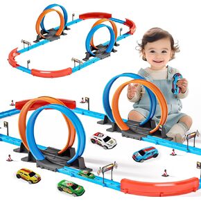 Car Race Track Set for Kids 3 4 5 6 7 8 9 Years Old，Racing Game car Toys，Boys Toy Girls 6-12，72PC DIY 34 ft Track with 4 Small Cars, Gifts for Kids 3-5