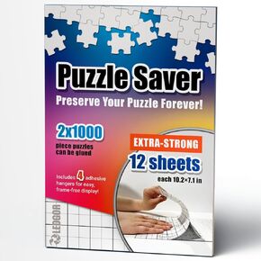 Puzzle Saver Sheets – 12 Extra Strong 10.2 x 7.1 Peel & Stick Puzzle Glue Sheets + 4 Hangers – Preserve Two 1000-Piece Jigsaw Puzzles – Clear Adhesive Backing Kit by LEOGOR
