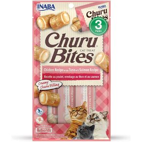 INABA Churu Bites for Cats, Soft Baked Chicken Churu Filled Cat Treats with Green Tea Extract, 0.35 Ounces Each Tube, 3 Tubes Total, Tuna with Salmon Recipe