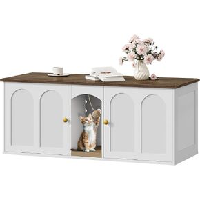 47.2'' Double Cat Litter Box Enclosure, Hidden Cat Litter Box Furniture with Scratching Board and Dangling Ball, for 2 Cats, White and Walnut MMW02WL
