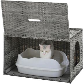 Rattan Cat Litter Box Enclosure - Hidden Litter Box Furniture by Handwoven Wicker with Taller Doorway & Raised Edge Mat-Cat House Cabinet for Large Cats Indoor Living Room Odor Control, Gray
