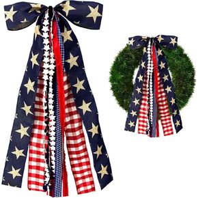 Large Patriotic Ribbon Bow, 4th of July Red White and Blue Bows Clip-On Star Sash Patriotic Wreaths for Front Door Indoor Outdoor Memorial Day Decoration