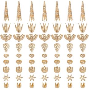 arricraft 72 Pcs Real 24K Gold Plated Bead Caps, 9 Styles Brass Flower Bead Caps Gold Spacer Beads Filigree Petal End Caps Metal Petal Spacer Beads for Jewelry Finding DIY Making Craft