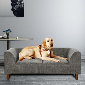 Elevated Dog Sofa Bed for Small & Medium Dogs - Orthopedic Comfort with Soft Cushion, Modern Rectangular Pet Bed, Durable Linen Fabric Dog Bed with Backrest & Armrests (Blue)