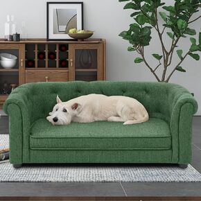 Elevated Dog Sofa for Small & Medium Dogs, Washable Rectangular Pet Sofa with Linen Fabric, Durable Dog Couch Bed with Soft Cushion, Arc-Shaped Backrest & Armrests (Green)