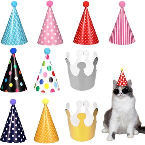 11PCS Dog Party Hat Set, Reusable Mini Dog Hat Includes 9PCS Cone Hats with Pompoms and 2 Crown Hats, Suitable for Pet Birthday Party Decorations