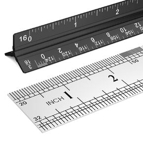 Architectural Scale Ruler 12 Inch: 2-Pack 12" Aluminum Triangle Ruler & Straight Metal Ruler, Precision Drafting Tools for Architecture and Engineering (Blue)