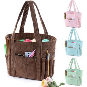 MYABGZING Corduroy Crochet Bag 11.5" Large Yarn Storage Tote with Grommets, Needle Holders – Knitting Bag Organizer for Crochet Hooks, Accessories, Tools & Projects –Gift for Knitters & Crafters