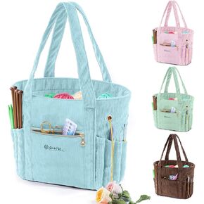 MYABGZING Corduroy Crochet Bag 11.5" Large Yarn Storage Tote with Grommets, Needle Holders – Knitting Bag Organizer for Crochet Hooks, Accessories, Tools & Projects –Gift for Knitters & Crafters in Kuwait