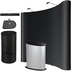 10x8 Ft Pop Up Backdrop Booth Stand w/Podium Table Black Top Counter Tradeshow Exhibition Rolling Case Carrying Bag & Spotlights& PVC Panel for Customed Graphic