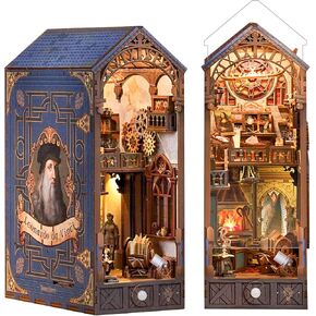 Tonecheer DIY Book Nook Kit for Adults, 3D Puzzle Wooden Miniature House Kit, Booknook Dollhouse Bookshelf Insert Decor Bookend with Dust Cover and LED Lights Gifts (Leonardo da Vinci)
