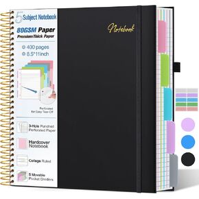 5 Subject Notebook College Ruled,80GSM Paper Thick Hardcover Spiral Notebook Lined Journal with Removable Dividers Tabs,400pages 8.5"x11" Paper Large Notebooks for School Work,3-Hole Punched, Black in Kuwait