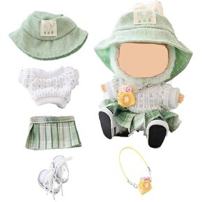 Clothes for Labubu Doll,Clothes for Dolls Accessories,Crocheta Sweater and Pleated Skirt 5 Pieces Set Doll Clothes Compatible with Labubu 15cm&17cm Doll,Doll Clothing Set Replacement (Pink)